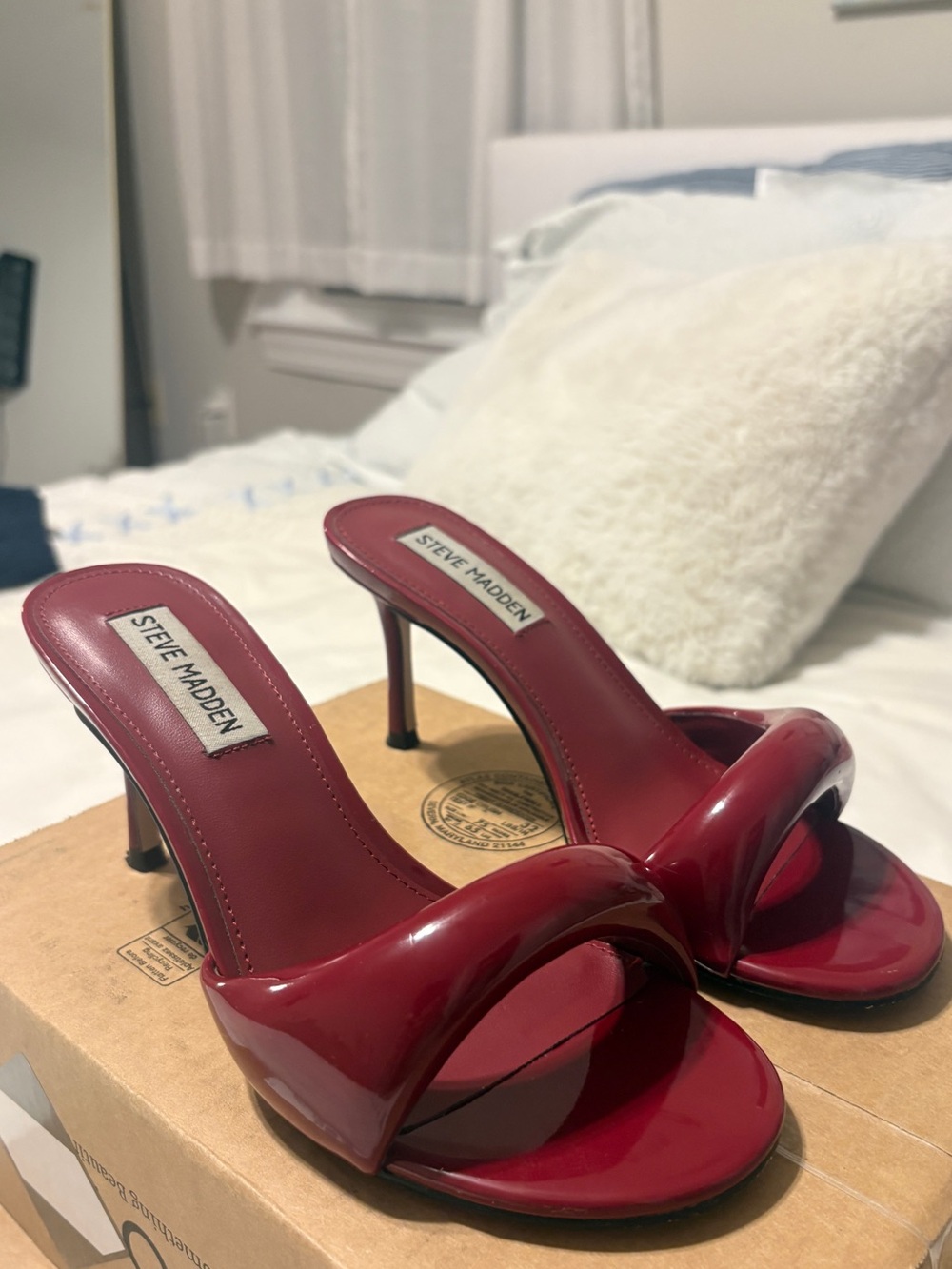 Steve Madden Burgundy Patent Open-Toe Mule Heels